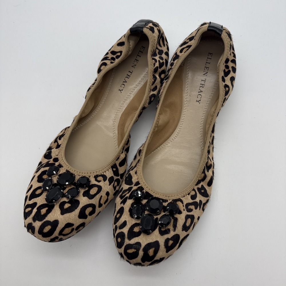 Ellen Tracy Women's Carla 10 M Cheetah Print Cowhide Embellished Ballet Flats